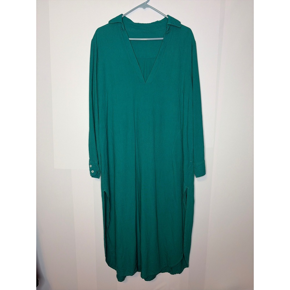 Mybodhi Linen Cotton Lagenlook Maxi Dress Large Boho Green V-Neck Long Sleeve